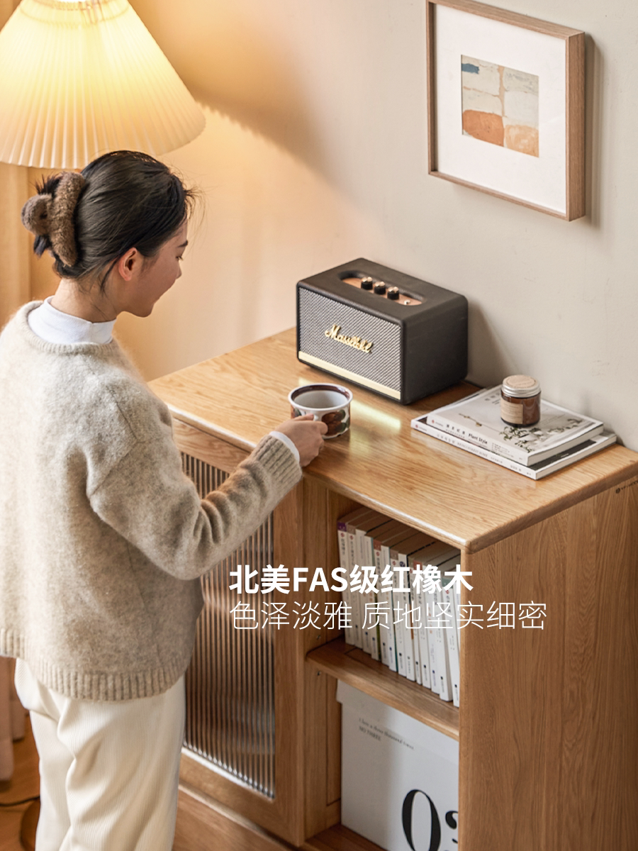 实木电视机边柜客厅窄柜白橡木置物柜沙发旁简约储物立柜